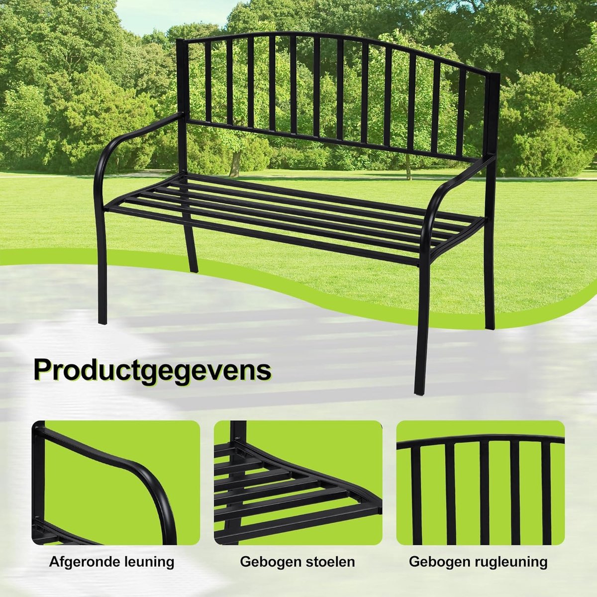 Tuinbank 120x40x45 cm Zwart – Moderne Buitenbank 2-3 Personen Weerbestendig Hars & Staal – Terrasbank, Balkonbank, Parkbankje, Tuinbankje – Nicolehome