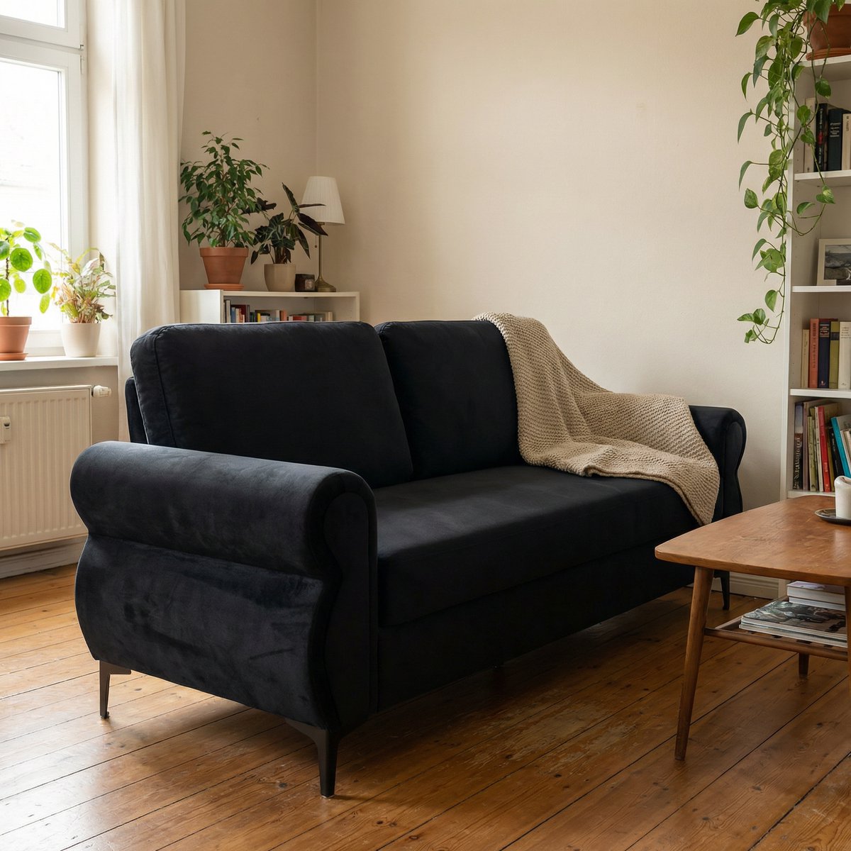 FloraGrace 2-Zitsbank 173,5 cm - Compact Comfort en Ergonomische Zithoogte - Voor Appartement - Polyester - Zwart
