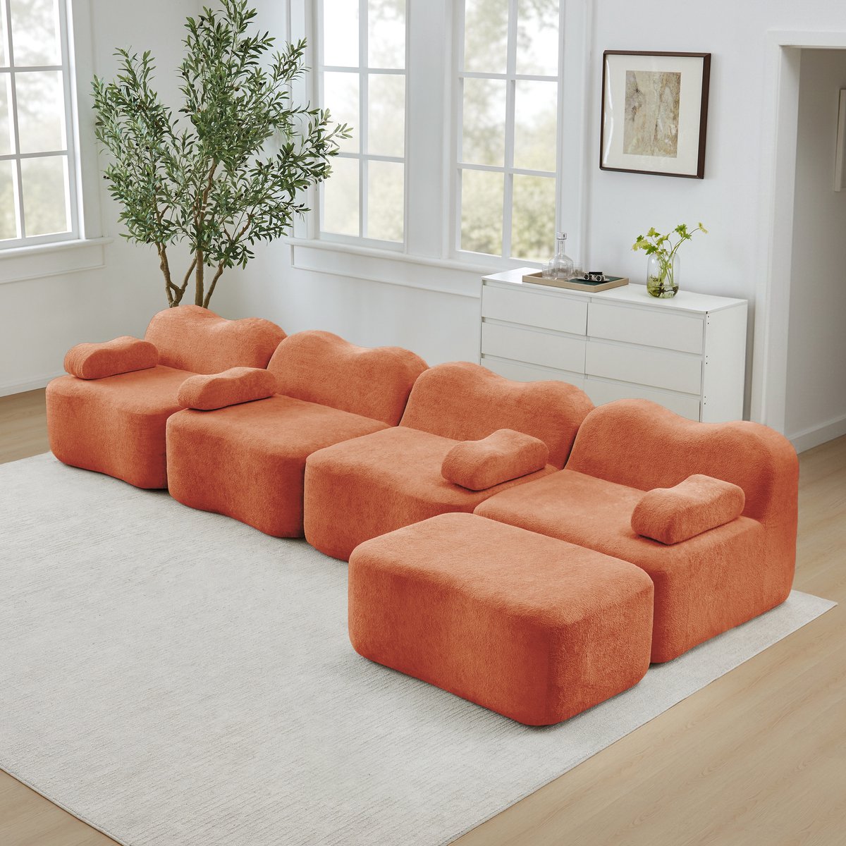 FloraGrace Hoekbank 4-Zits - Modulair Boneloos Met Ottoman - Golvend Design Voor Woonkamer
