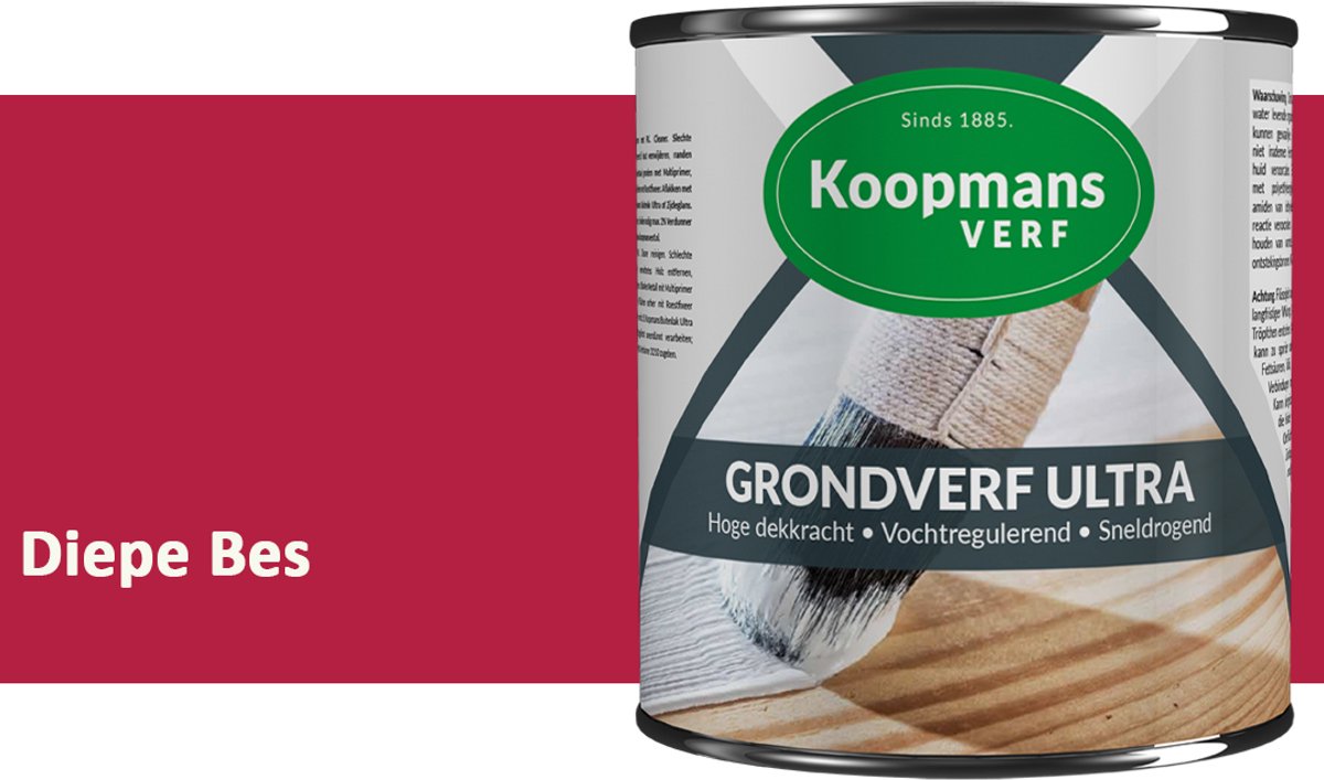 Koopmans Grondverf Ultra – Grondverf Hout & Metaal Binnen en Buiten – Vochtregulerende Primer – Hoge Dekking – Zijdeglans – Diepe Bes – 2,5 l