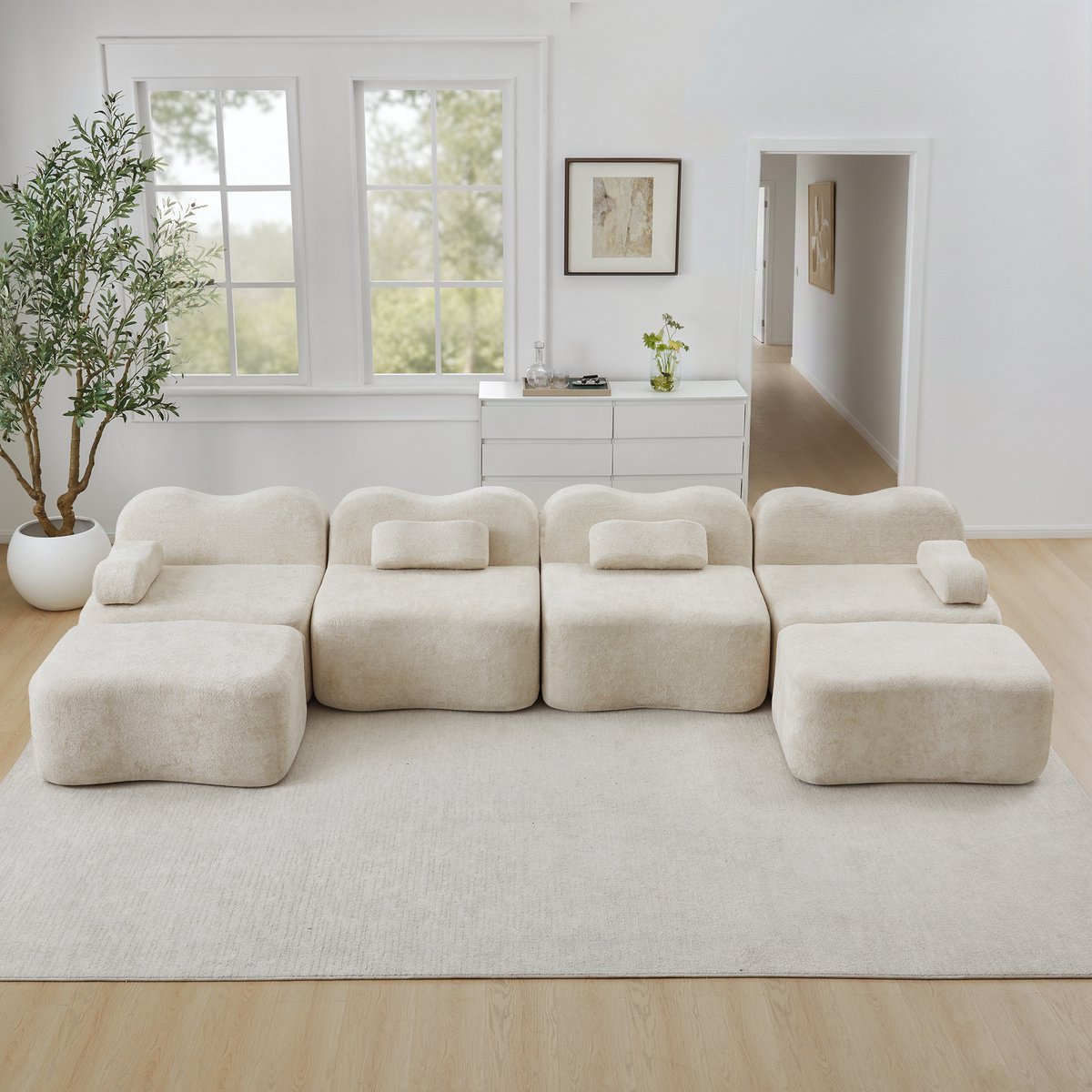 MIVRAY U-Bank 4-Zits - Modulair Zonder Frame Met Ottomans - Voor Woonkamer En Appartement - Fluweel Beige