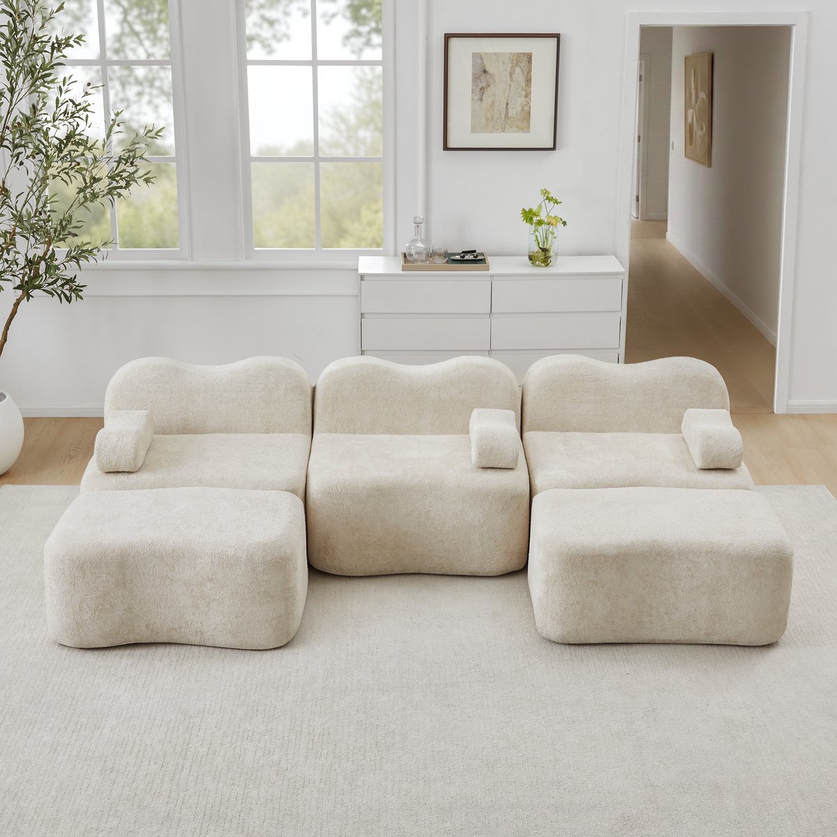MIVRAY Hoekbank U-Vorm - Modulair 3-Zits Met 2 Hockers En Diepe Zitting - Voor Woonkamer En Appartement - Fluweel Beige