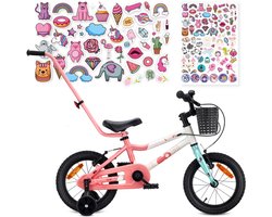 Sun Baby Kinderfiets 14 Inch LOOFI, Fiets voor Meisje 3-5 Jaar, Max 50 kg - lichtgewicht 6.6 kg aluminium frame, met zijwieltjes, mandje, bel, stickers - Wit-Roze-Mint
