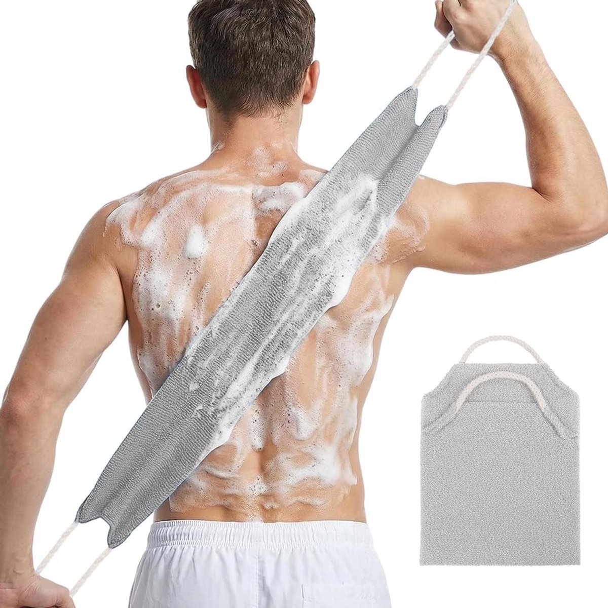 Lange douche exfoliërende handdoek voor rug, dubbelzijdig exfoliërend washandje met handvatten, sneldrogende nylon stretch lichaamsborstel, diepe reiniging voor heren dames, lichtgrijs (39 cm * 20 cm)