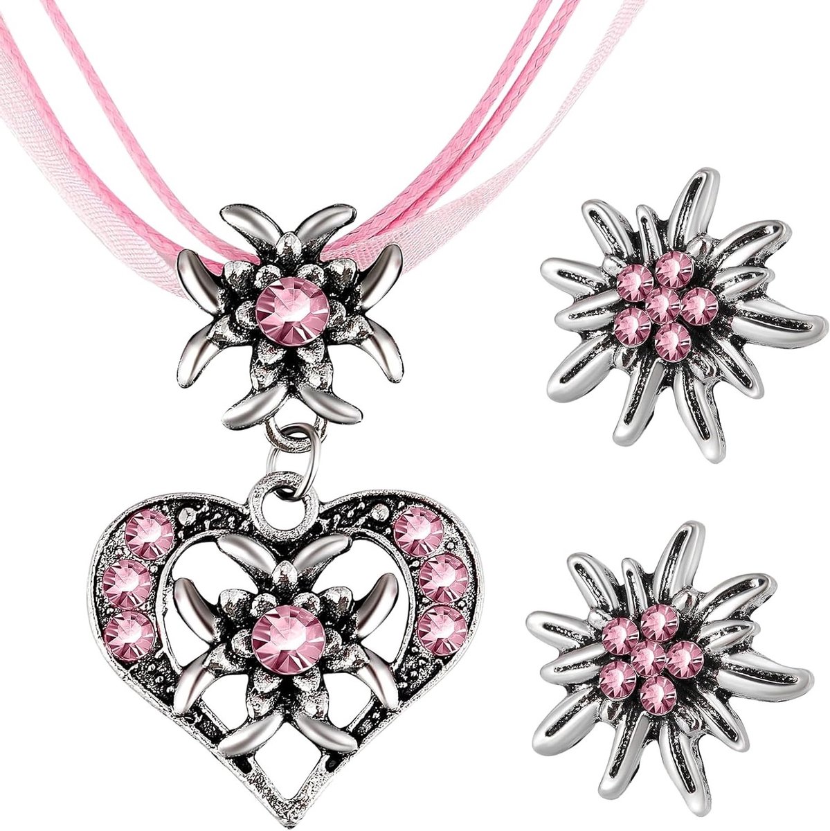 Set van 3 kostuumjuwelen voor vrouwen, dirndl sieraden met rhinestones, edelweiss hart hanger en oorbellen voor feestelijke outfits in roze, maat L, perfect voor oktoberfest en traditionele evenementen