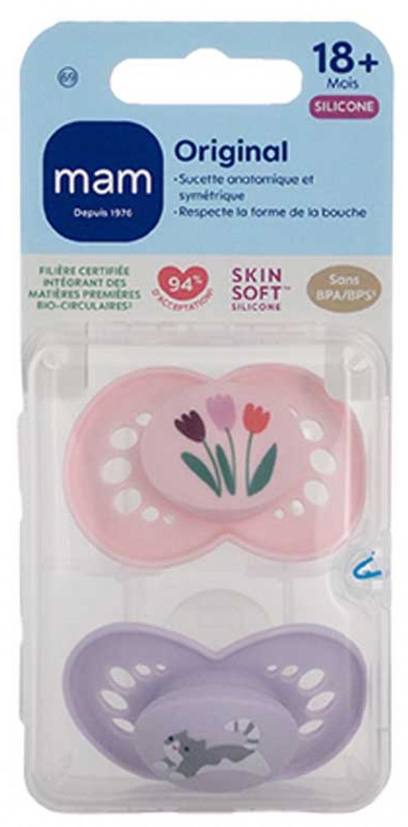 MAM 2 Originele Natuurlijke Fopspenen 18 Maanden en Ouder (Modellen : Bloemen en Kat)