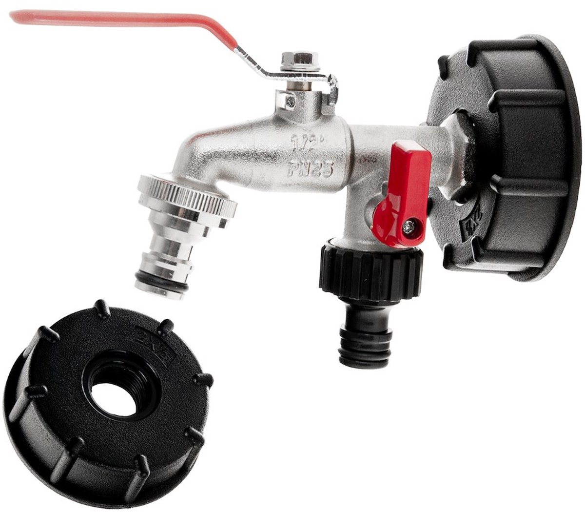 Garronda IBC dubbele kraan set S60x6 - 1/2 inch - met 2x 3/4 inch uitgang - 2 nippels voor snelkoppeling - waterverdeler - IBC-tank, tuin en bewatering - GD-0214