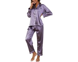 REWYTAZ-Pyjamapapje - Pyama Dames Volwassenen - Satijnen Pyjama Set - met Knoopsluiting - V-Hals Zachte Zijden Pyjama Nachtkleding - Loungewear voor Alle Seizoenen - XL