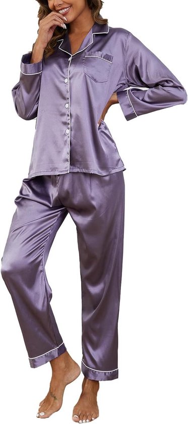 REWYTAZ-Pyjamapapje - Pyama Dames Volwassenen - Satijnen Pyjama Set - met Knoopsluiting - V-Hals Zachte Zijden Pyjama Nachtkleding - Loungewear voor Alle Seizoenen - XL