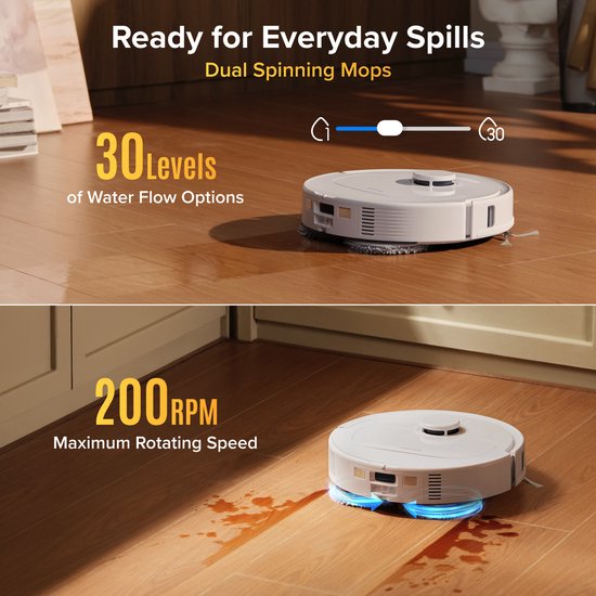 Witte robotstofzuiger met dubbele roterende mops die dertig waterstroomopties en een maximale rotatiesnelheid van 200 RPM heeft.