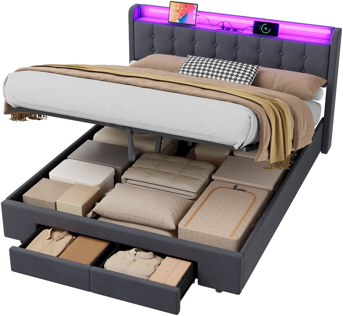 MODFU Tienerbed met Hydraulisch Systeem 160x200 cm – LED & USB – 2 lades – Fluweel grijs – Opbergbed – Incl. lattenbodem