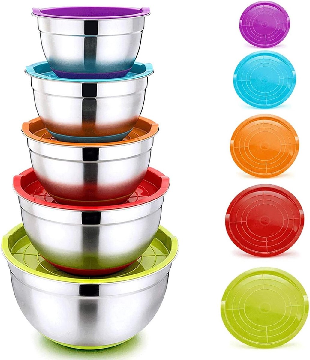 Set van 5 RVS Mengkommen met Luchtdichte Deksel en Antislip Siliconen Basis, Stapelbaar en Veelzijdig, Vaatwasserbestendig, Capaciteit van 6.6L tot 1L