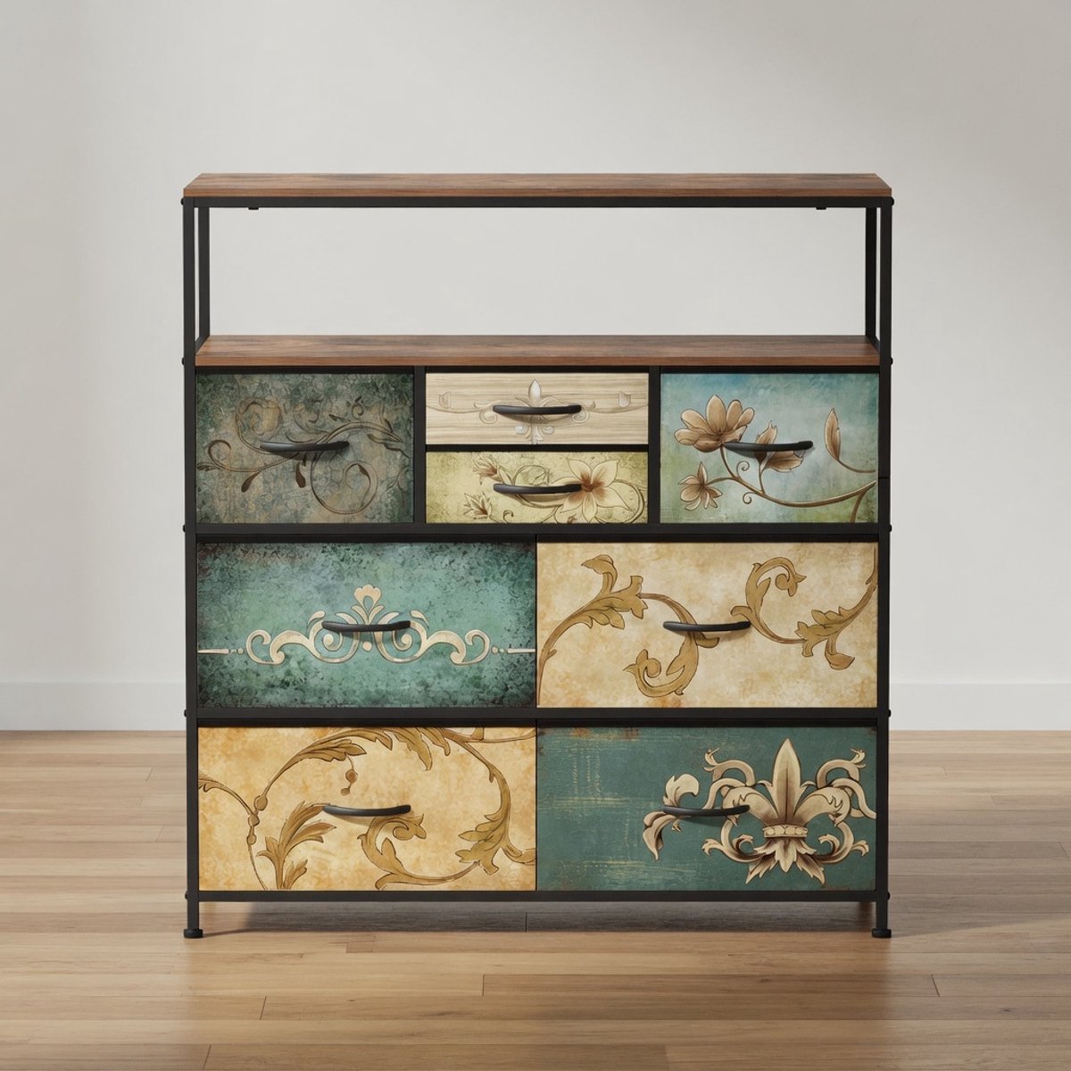 Bohemian Ladekast met 8 Stoffen Lades – Vintage Dressoir / Commode / TV-Meubel met Houten Bovenblad & Metalen Frame – 100 cm Breed – Opbergkast voor Slaapkamer, Woonkamer en Hal – Mobili Bella