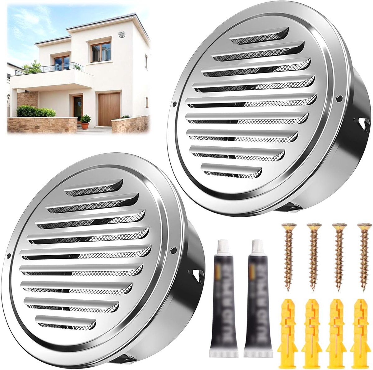 Ronde Ventilatierooster 150 mm Weerbestendig RVS met Insectenbescherming en Schroefbevesti