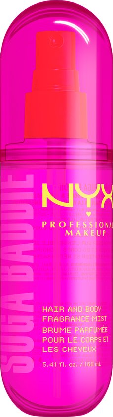 Fuchsia NYX Professional Makeup 'Suga Baddie' haar- en bodyspray met neonrode dop.
