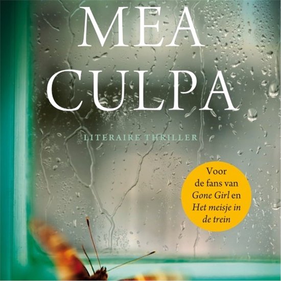 Boek "Mea Culpa", literaire thriller, met druppels op glas en vlinder.