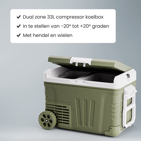 Auronic Elektrische Koelbox - Compressor - 2 Zones - 33L - 12/24V en 240V - Koelen en Vriezen - Camping Koelkast - Frigobox Auto - Met Wielen en Hendel - Groen van Auronic — afbeelding 3