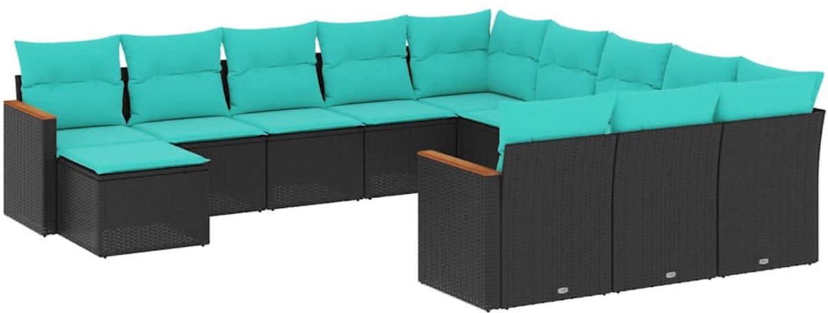 vidaXL - 12-delige - tuinbankset - met - kussens - van - zwart - polyrotan