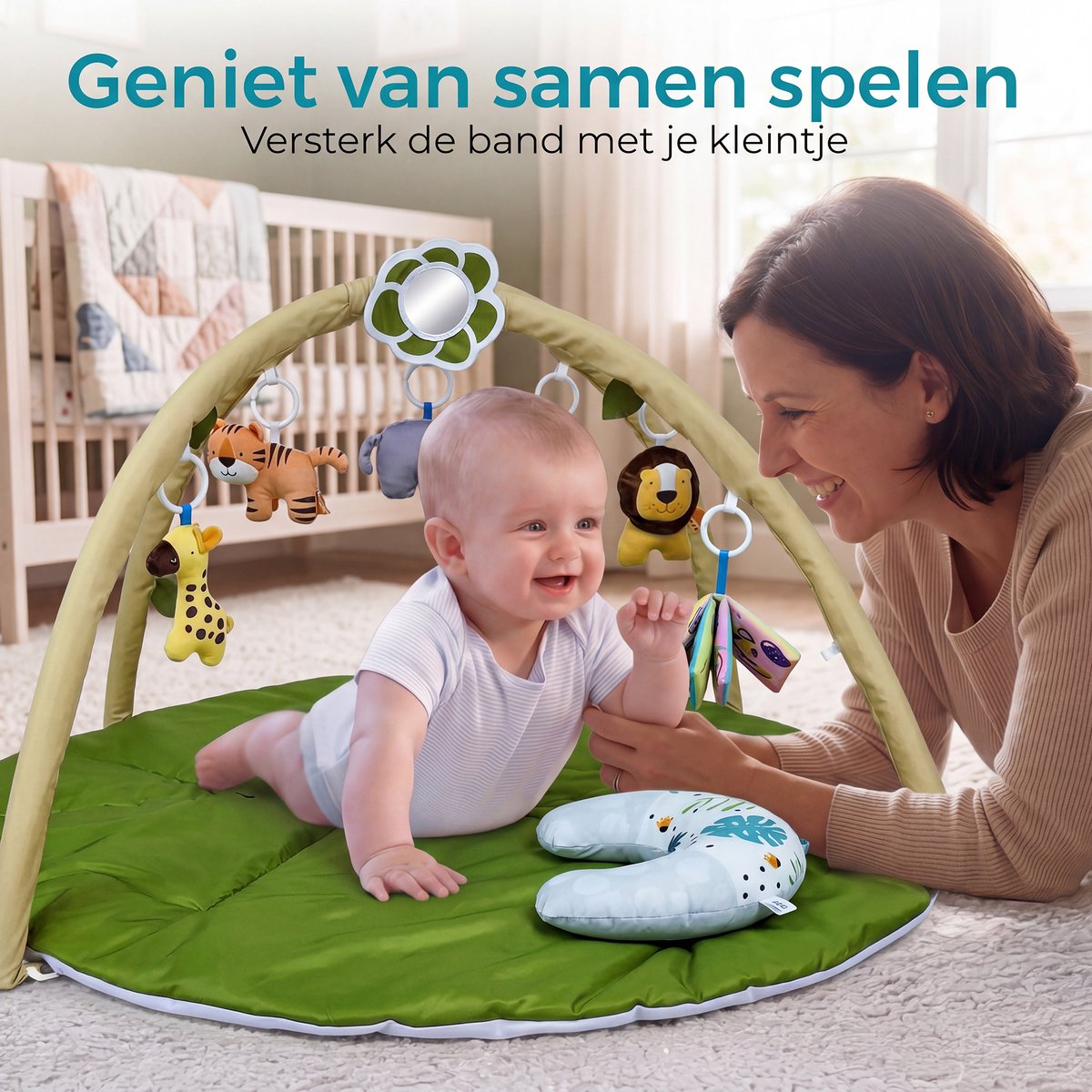 Babygym met boog - Speelmat - Speelkleed - Baby speelgoed - Babyshower - Boxkleed - Speelmat baby - 5 Speeltjes - Inclusief Rammelaar - Groen blaadje — afbeelding 6