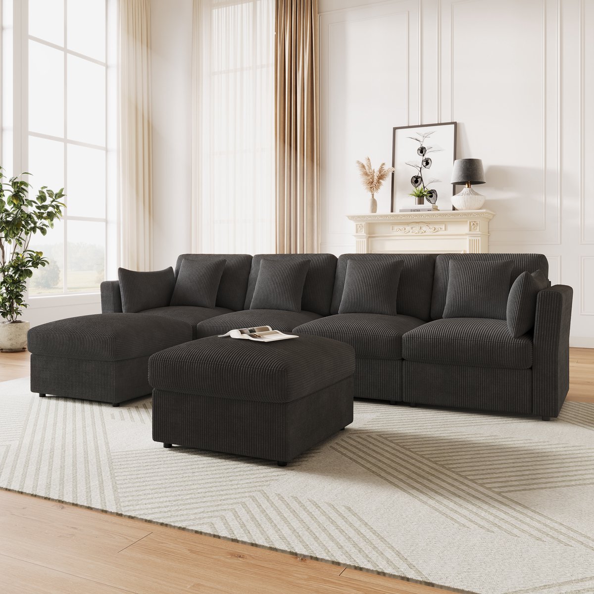 MODFU - Modulaire Hoekbank - Verstelbare Armleuningen En Verplaatsbare Hockers - Modern - Voor Woonkamer Of Slaapkamer - Ribstof - Grijs