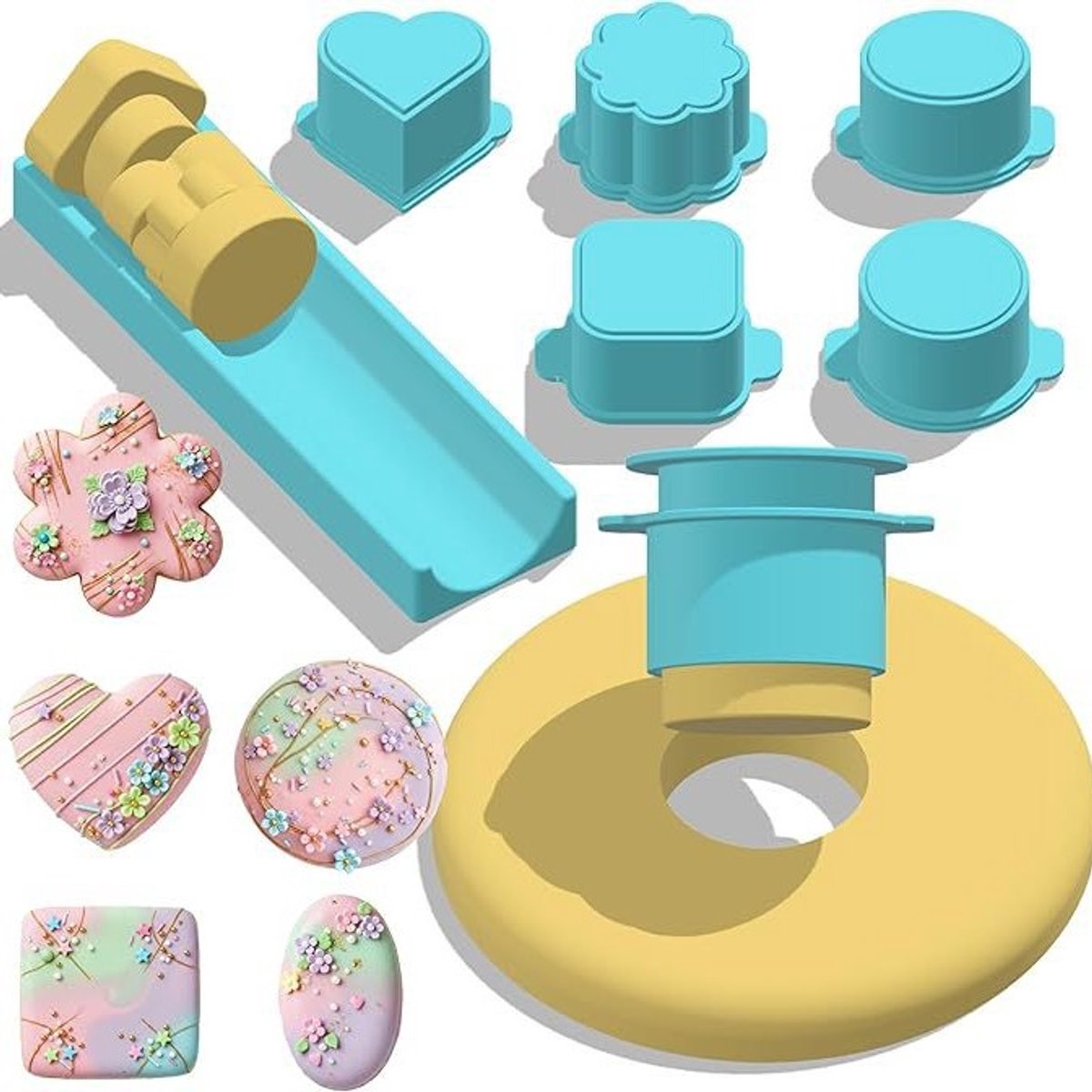 Oneay Deze 5-delige taartvormenset bevat een bakplaat, hartvormige, vierkante, wolkvormige, ovale en ronde 3D-geprinte uitstekers en duwstangen, geschikt voor thuisbakken, verjaardagsfeestjes en meer.