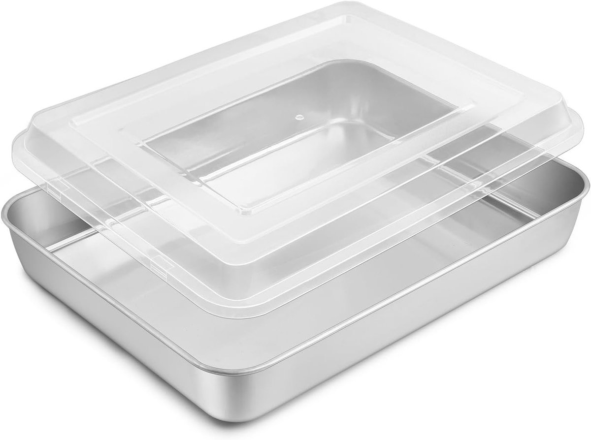 Roestvrijstalen bakplaat, rechthoekige bakvorm met luchtdicht deksel, diepe ovenplaat voor taarten en gebak, vaatwasserbestendig - 31.8 x 25 x 5 cm
