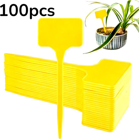 100 stuks - Plastic T-vormige plantenlabels - Plastic tuinlabels - T-vormige plantenlabels - Geel - Plastic plantenlabels - Tuinmarkeringslabels - Plantenlabels voor buiten - Waterdichte T-vormige plantenlabels - Plantidentificatielabels