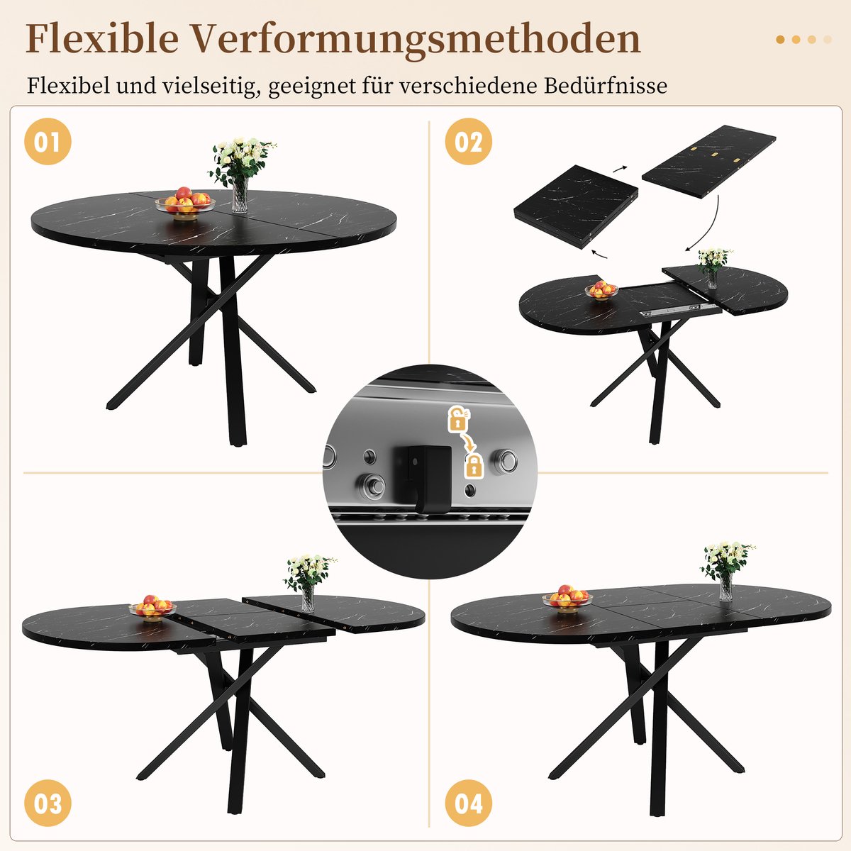 5-delige Eettafelset met Ronde Uitschuifbare Tafel (100-140 cm) en 4 Beige Velours Stoelen - Eetkamer Set - Moderne Eettafel voor 4-6 Personen met Praktische Uitschuiffunctie – foto 4