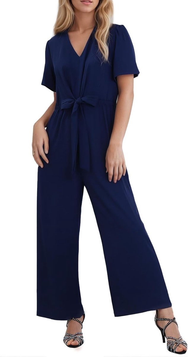 Dames Jumpsuit met Wijde Pijpen - Casual Eénstuk Outfit met V-Hals, Hoge Taille en Zakken voor Zomergebruik