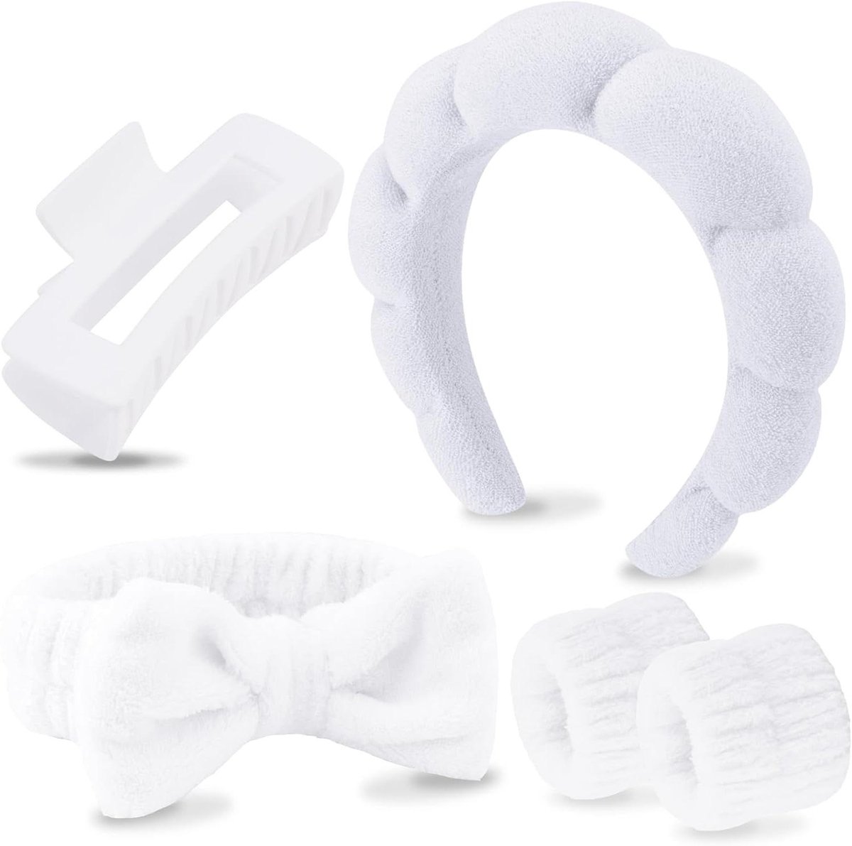 Spa hoofdband set - Gezichtsverzorging accessoires - Gezicht reinigen - Zachte spons stof - 5 stuks - Wit