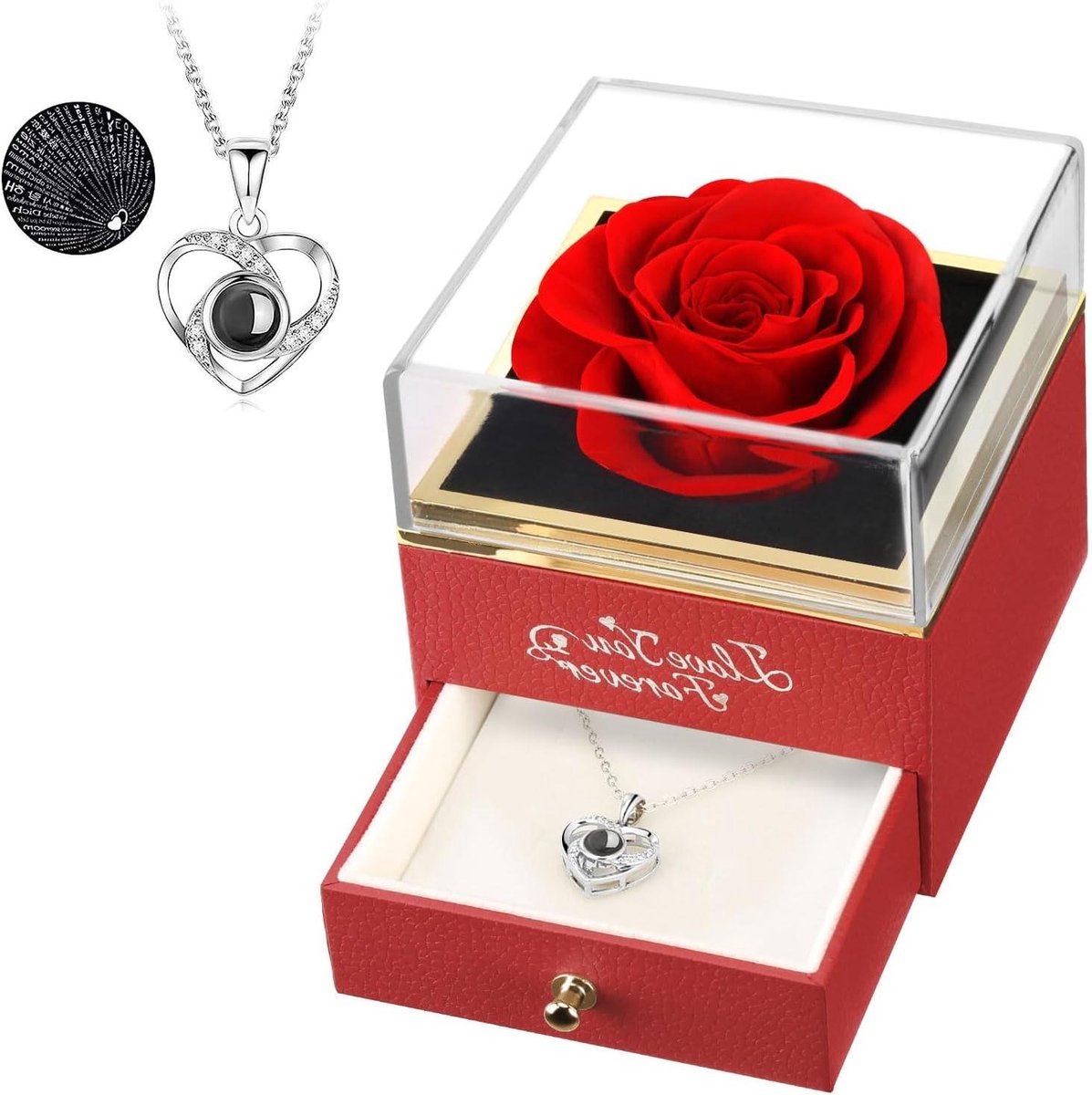 Eeuwige Roos - Gecensureerde Bloem - Romantisch Cadeau - Met Ketting - 11 cm - Rood