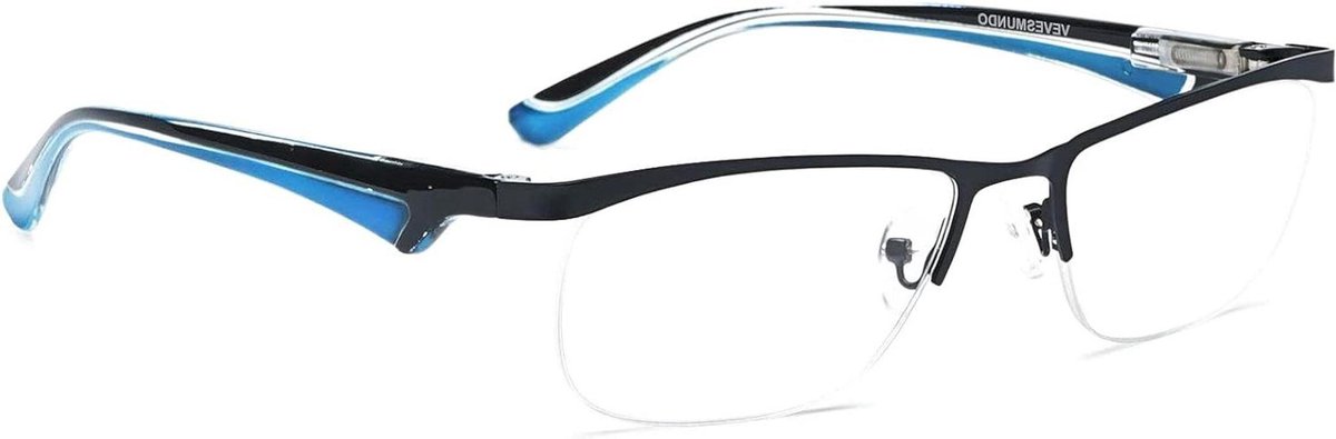 Leesbril Heren - Halfmontuur Bril - Comfortabel Lezen - Lichtgewicht Metaal - Totale Breedte 13cm - Zwart Blauw
