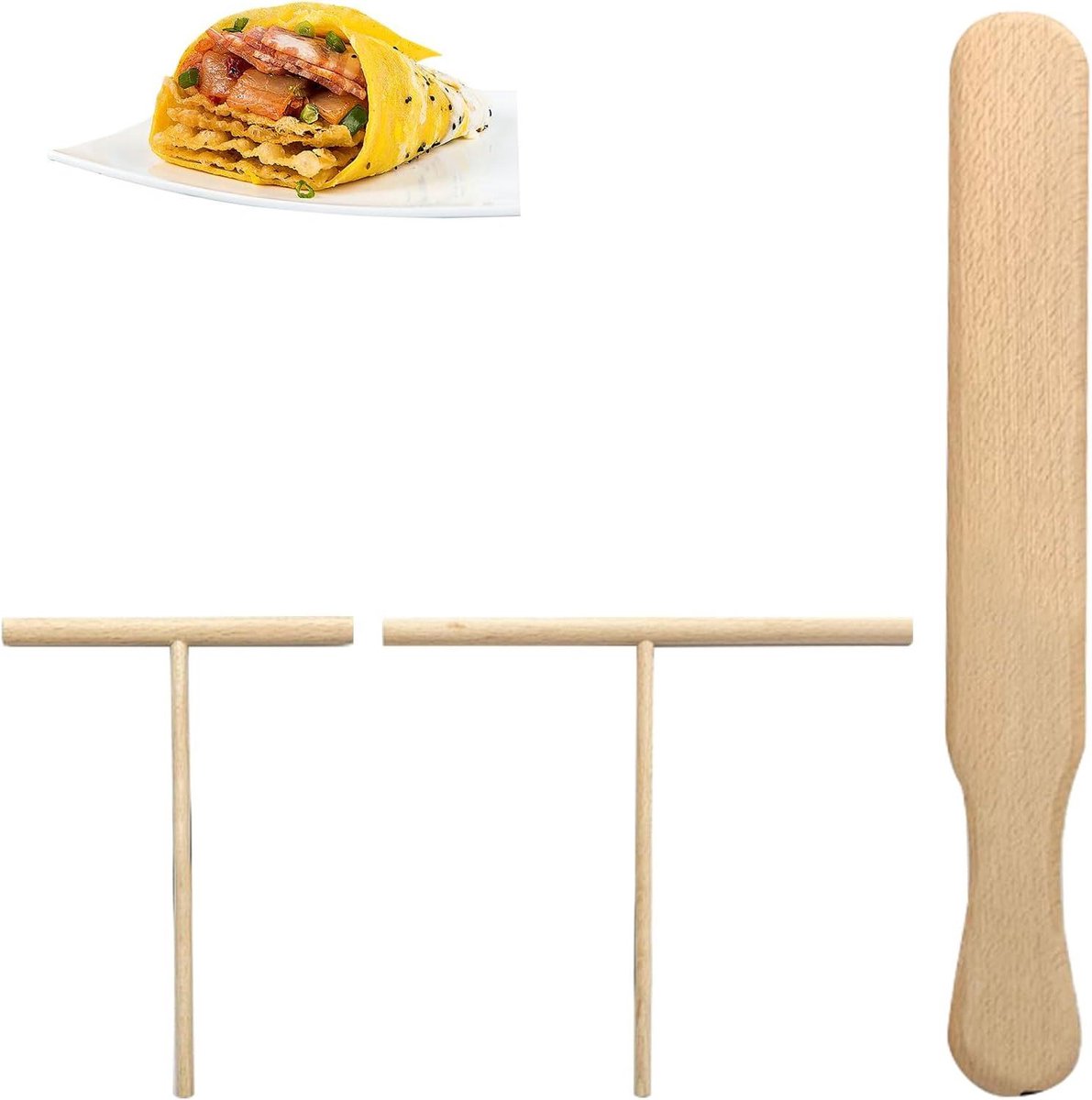 Pannenkoekenverdeler Set - Deegspatel Bakgerei - Pannenkoeken Bakken - Natuurlijk Beukenhout - 3 Delig - Houtkleur