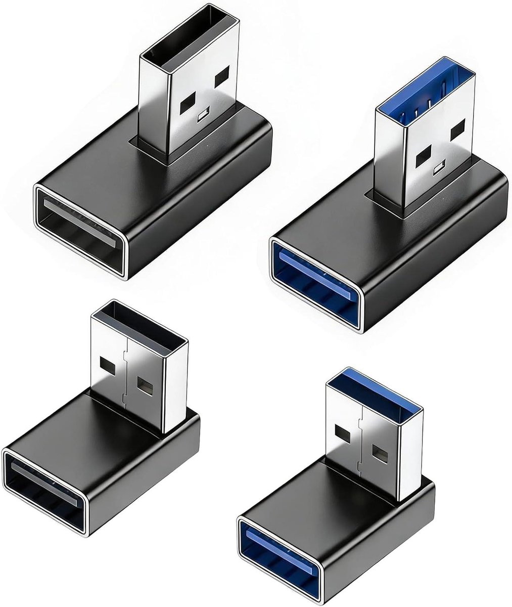 USB Adapter Hoek - USB Connector - Ruimte Besparen - 90 Graden Hoek - 4 Stuks - Zwart