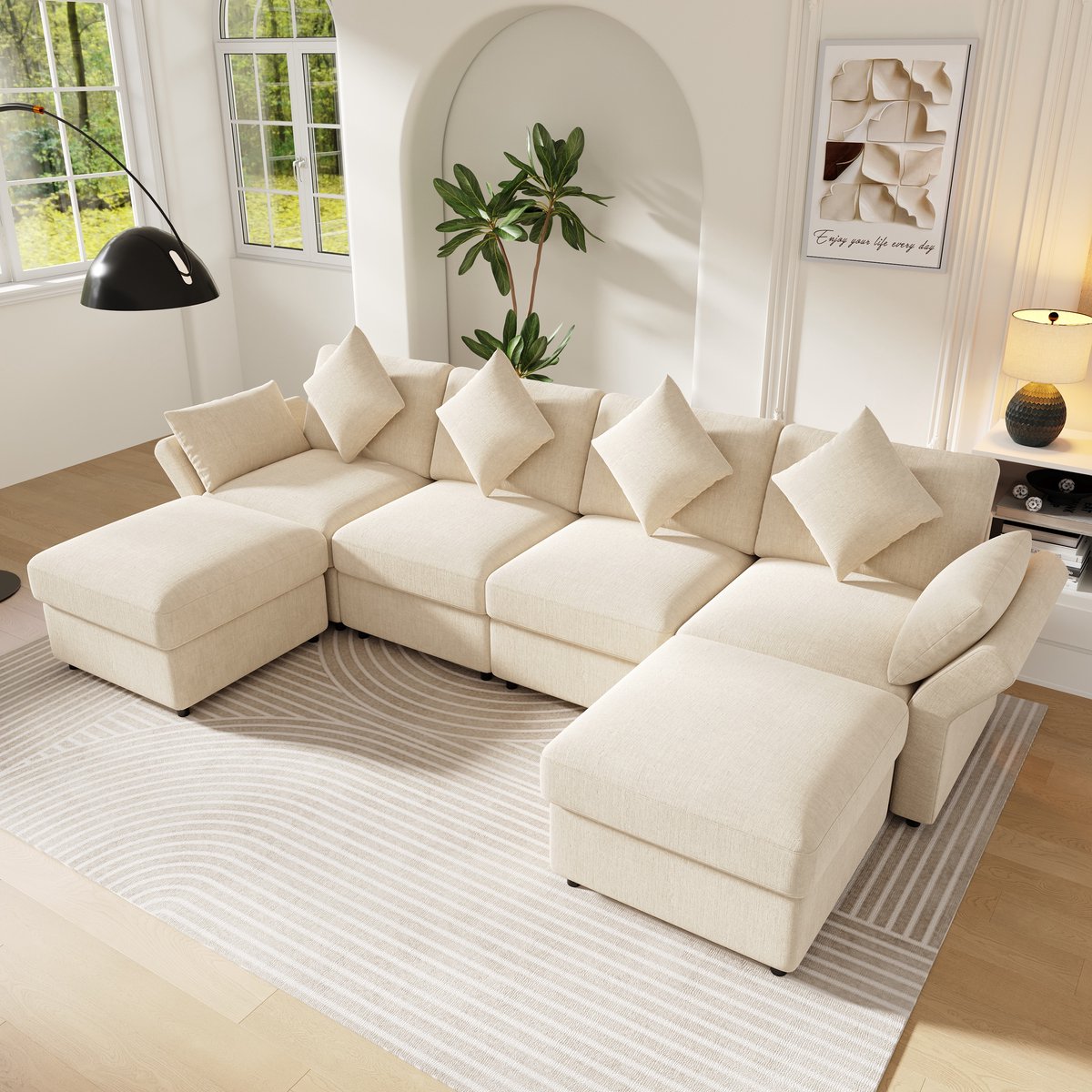 Wishdor - Modulaire Hoekbank Met 2 Voetbanken - Verstelbare Armleuningen En Meerzitsontwerp - Moderne Vormgeving Voor De Woonkamer - Chenille - Beige - 284 X 156,5 X 86 Cm