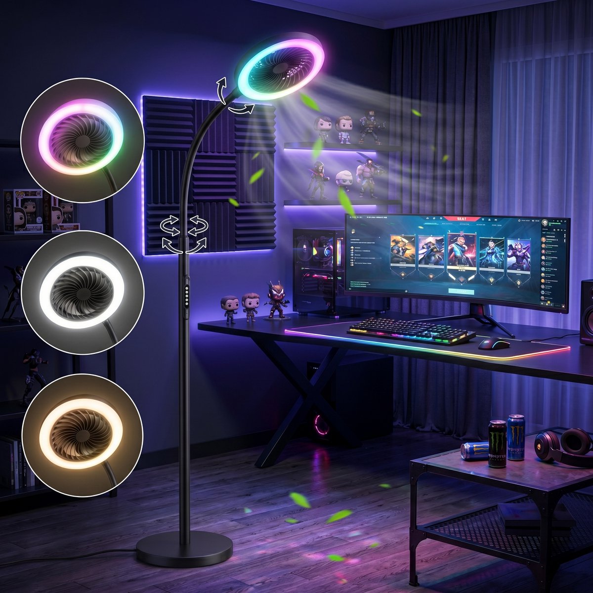 MUPOO 2-in-1 Statiefventilator met Lamp RGB- Ventilator Staand Afstandsbediening-Fluisterstil DC Motor - 3 Snelheden-183 cm-ventilator met verlichting Voor Woonkamer & Slaapkamer-zwart-Thuiswerkplek/Man Cave