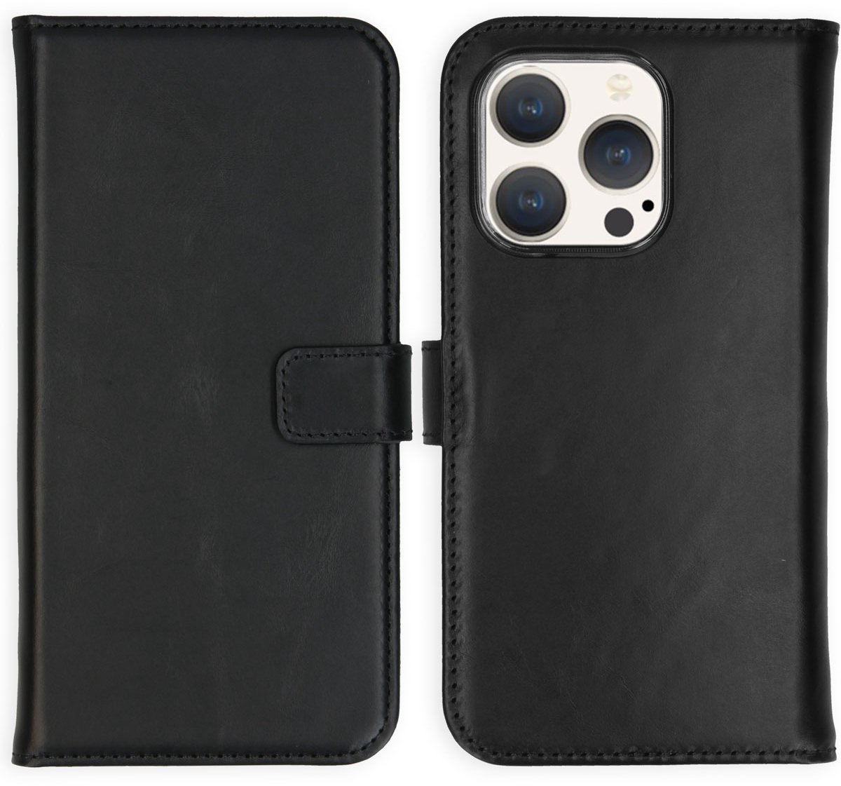 Selencia Hoesje - Geschikt voor Apple iPhone 15 Pro - Echt Lederen Bookcase - Zwart