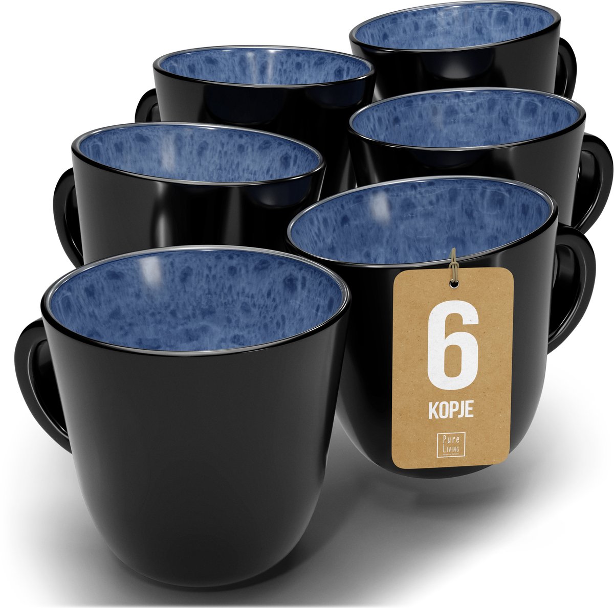Pure Living Set Van 6 Koffiemokken - 460ml - Diepblauw - Aardewerk - Vaatwasserbestendig - Magnetronbestendig - Ibiza Dark