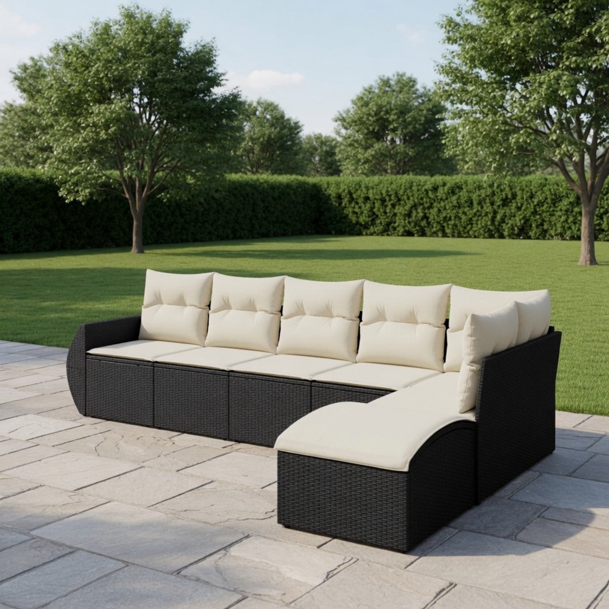 6-Delige Loungeset Polyrotan – Modulaire Tuinset met Hoekbank, Tafel & Kussens – Zwart/Crème – Voor Balkon & Terras - Industrohome