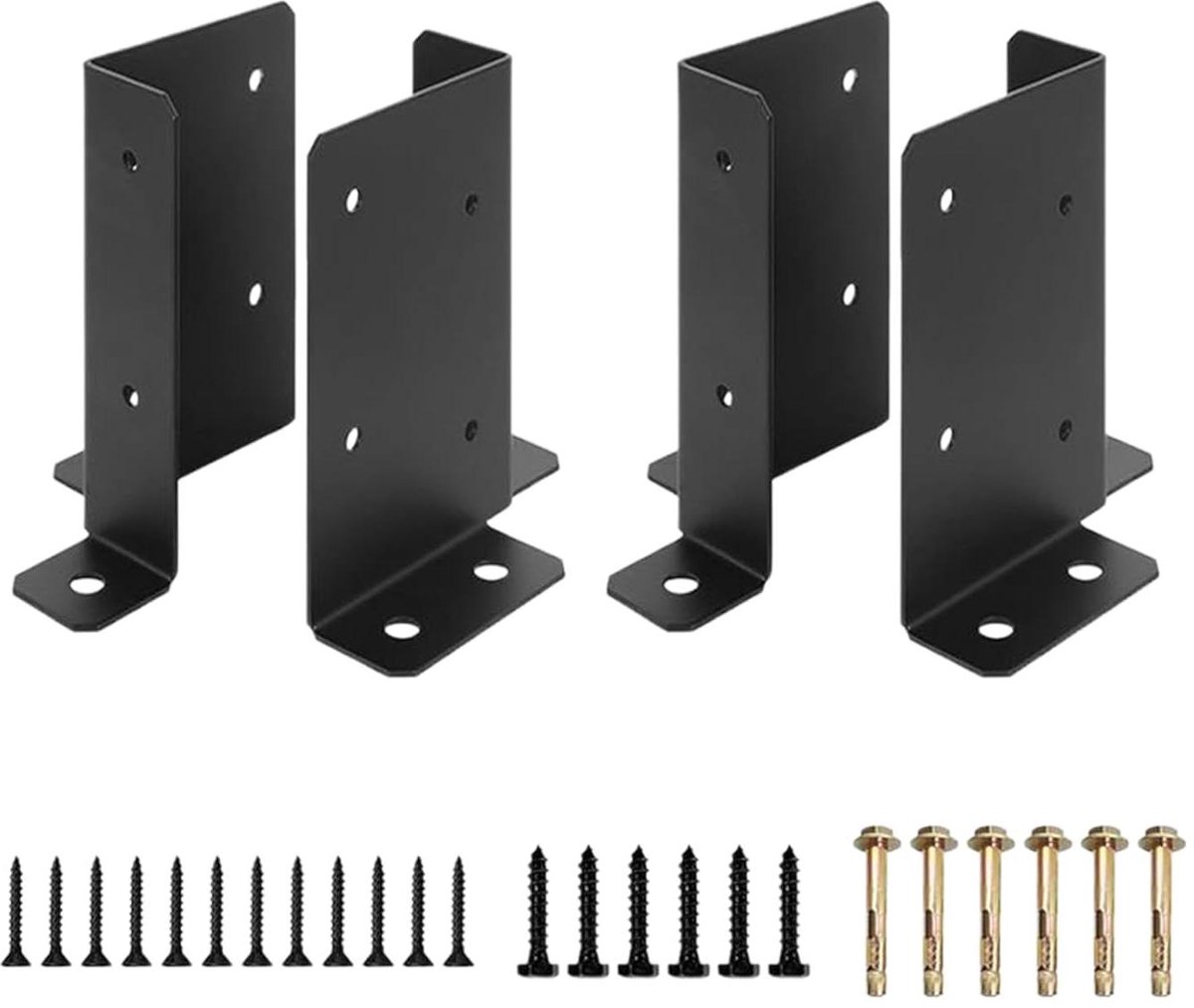 Paalhouders Set - Houtverbinder Beugels - Terras Hek - Verstelbare Grip - 4 Stuks - Zwart