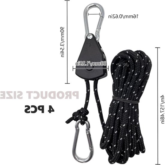 Reflective Tent Guy Ropes - 4pcs - 4mm Ratchet Ropes met Rope Tensioner - 4m Heavy Duty Verstelbare Reflectieve Tent Touw voor Camping - Hiking - Awning - Zwart — afbeelding 4