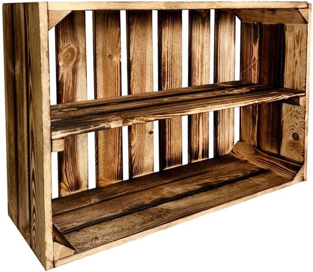 Houten Fruitkisten - Opbergbakken Hout - Opslag Organiseren - Met Middenplank - 60 x 40 x 20 cm - Gevlamd Hout