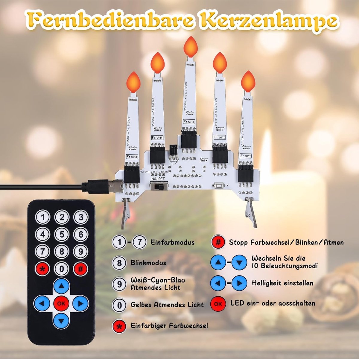 Kerstkaarsen Set - LED Kaarsen Soldeerkit - Decoratieve Verlichting - 10 Lichtmodi - 5 stuks - Warm Wit – foto 2