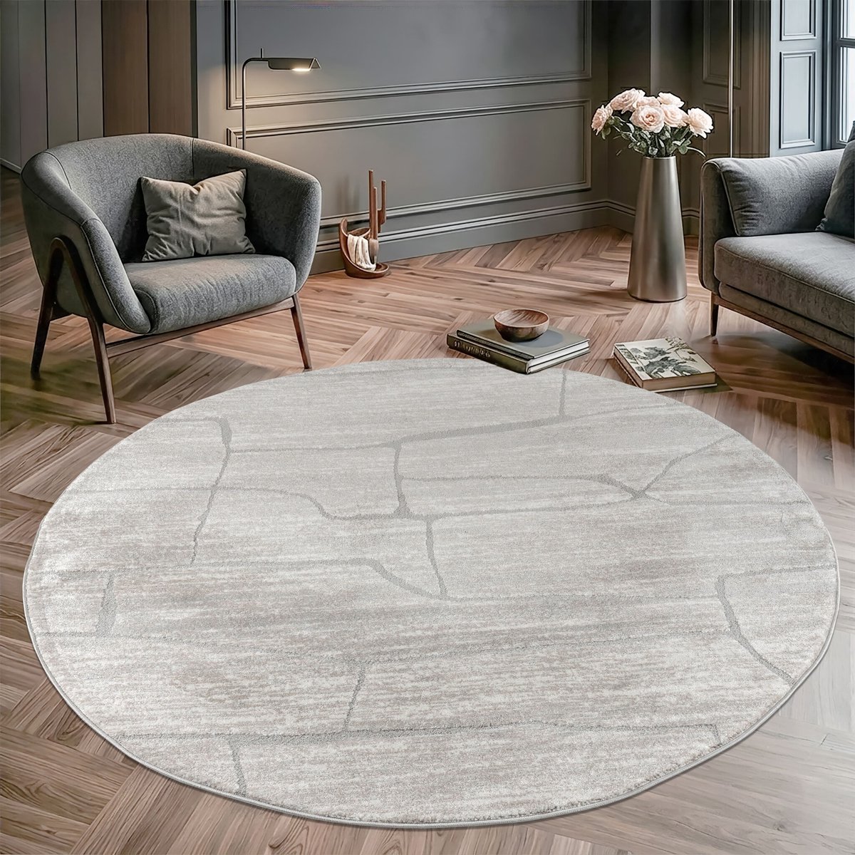 Muratap Vivant Marmer - Rond Vloerkleed Laagpolig - Beige Creme- 200 CM Ø