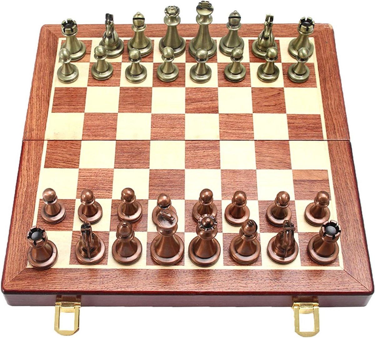 Schaakspel - Denksport spel - Intelligentie stimuleren - Opvouwbaar met opbergvak - 31 x 16 x 7 cm - Nootkleur