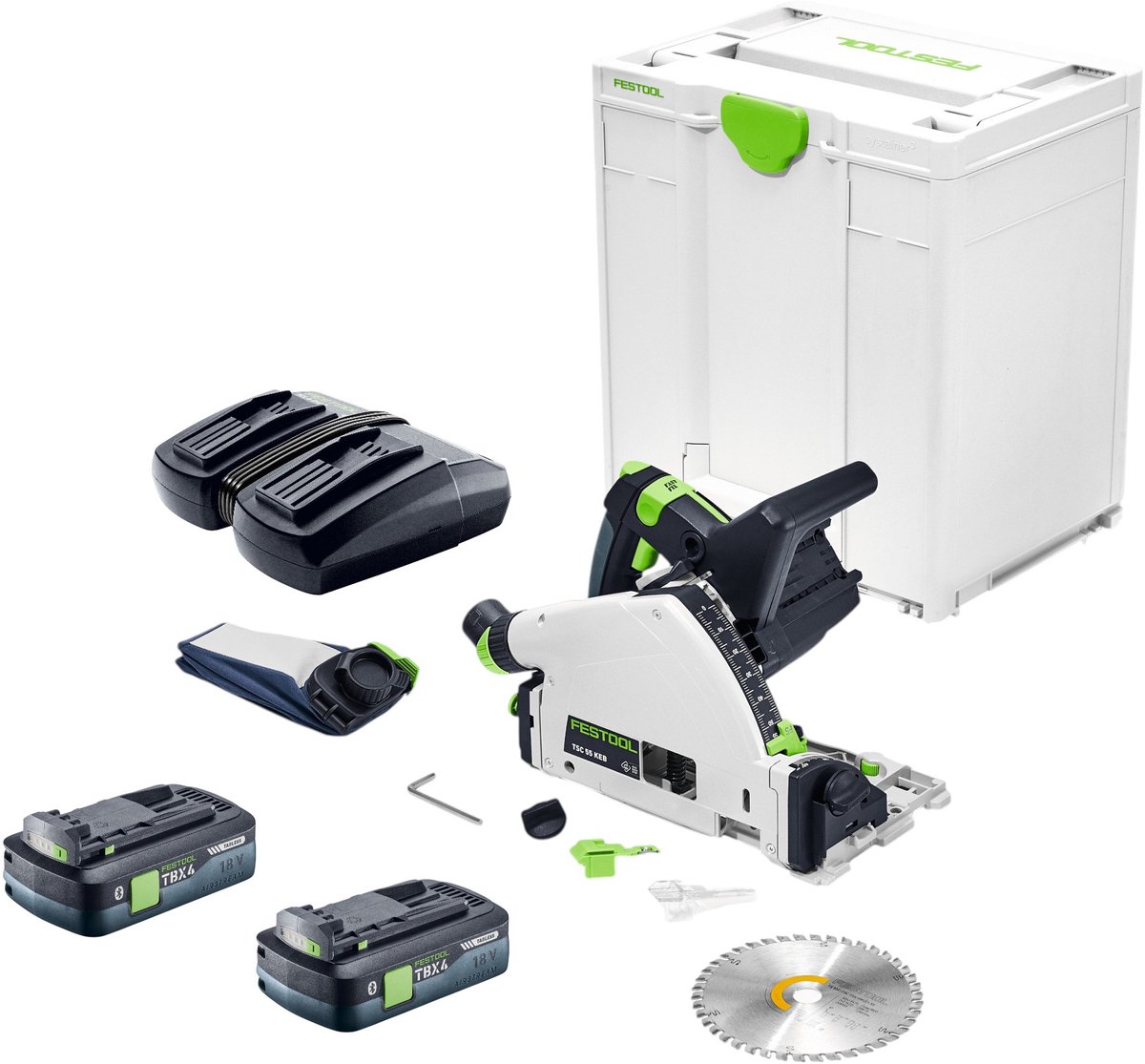 Festool TSC 55 KEB-Basic accu-invalzaag 18 / 36 V 160 mm borstelloos + 2x accu 4,0 Ah + dubbele lader + Systainer