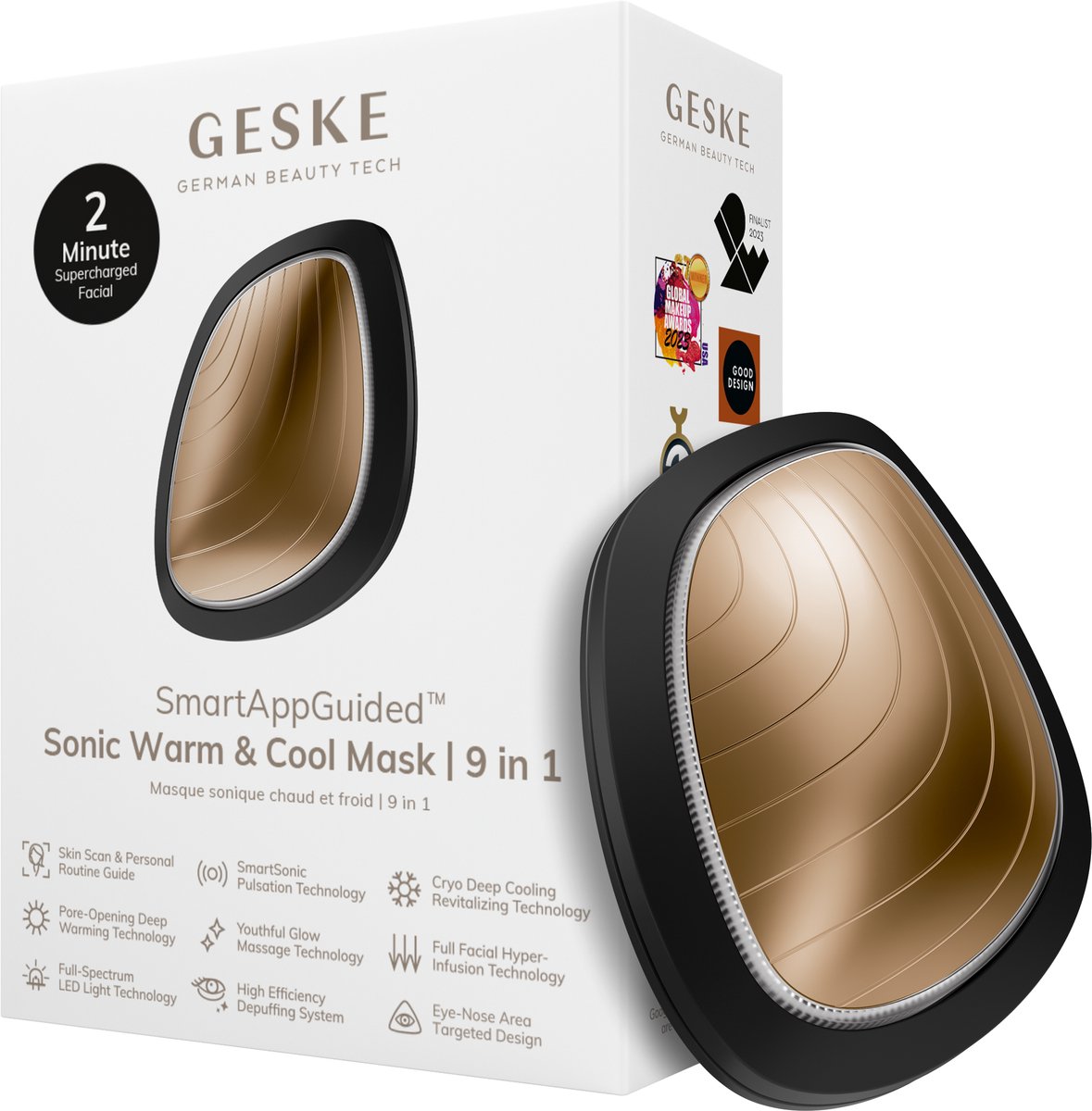 GESKE | SmartAppGuided™ Sonic Warm & Cool Mask | 9 in 1 | Beauty LED-gezichtsmasker | Volledig LED-spectrum en roodlichttherapie | Warmte | Koeling | Verhoogde inname van gezichtsverzorging