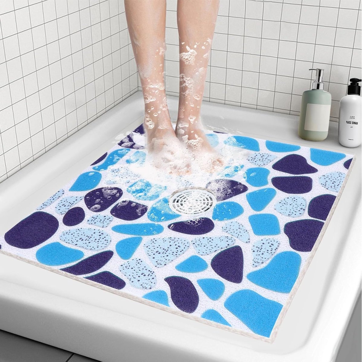 Vierkante Douchematt, 70 x 70 cm, Antislip Zacht PVC, Badmat met Afvoergaatjes, Sneldrogen