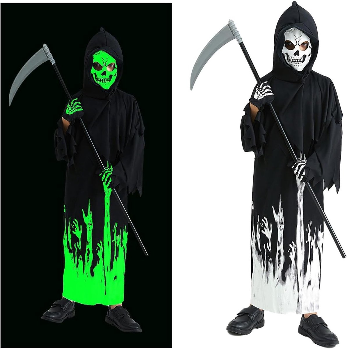 Luminous Grim Reaper Kostuum voor Kinderen, Eng Halloween Outfit voor Jongens en Meisjes, Griezelige Verkleedset voor Carnaval en Feestdagen