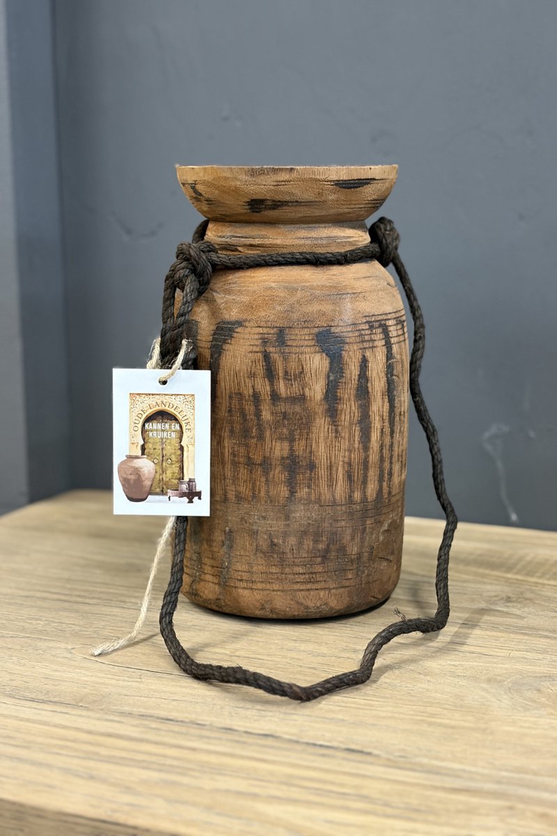 Nepalese houten kruik pot met touw houten vaas